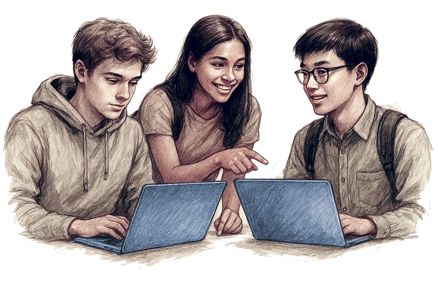 Students gather around a computer screen.